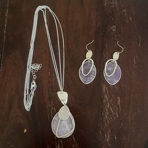 Silver and purple necklace and earrings set